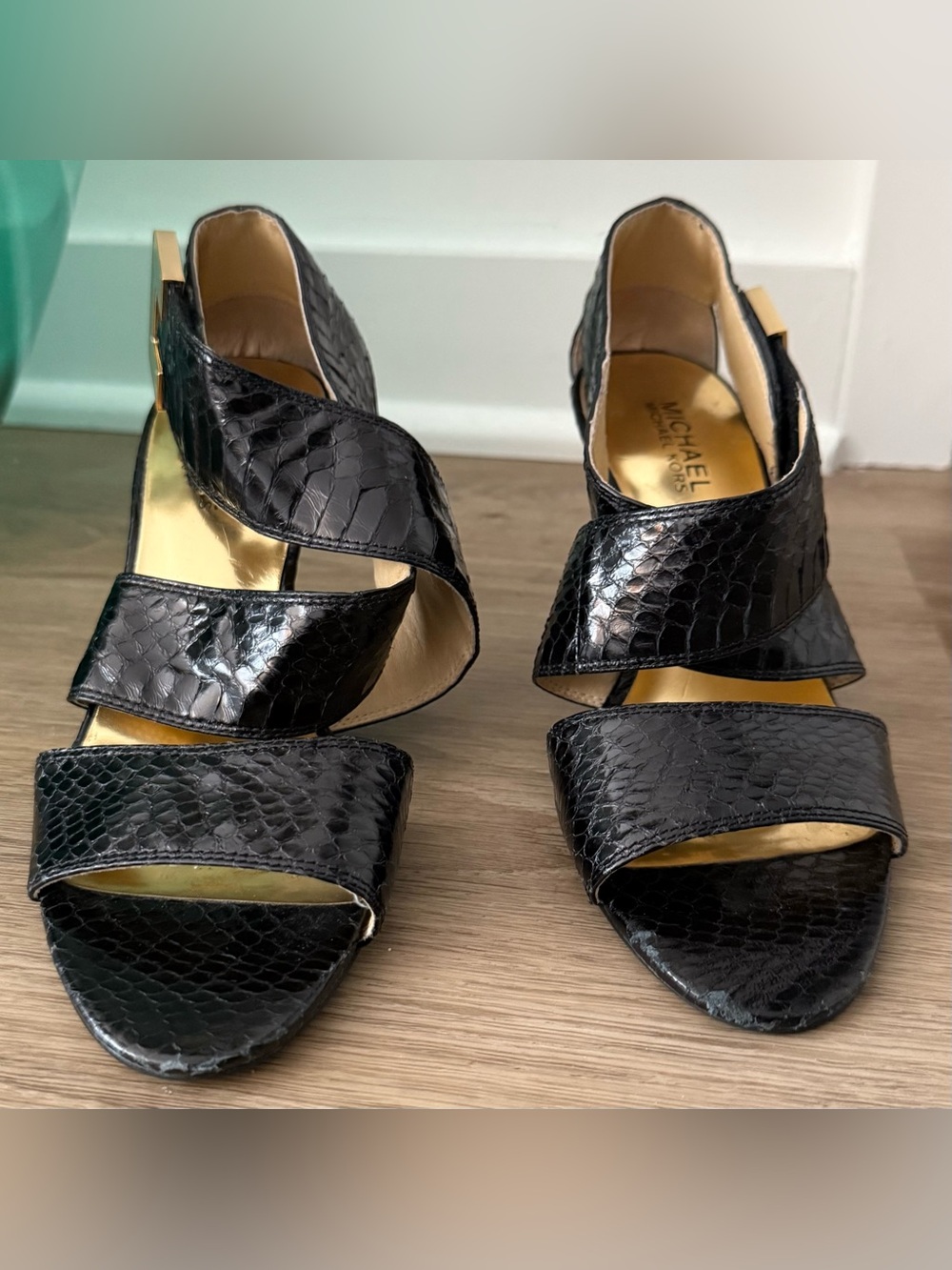 Michael Kors Black Genuine Snake Skin leather Strappy Heels Gold Buckle 7m 7